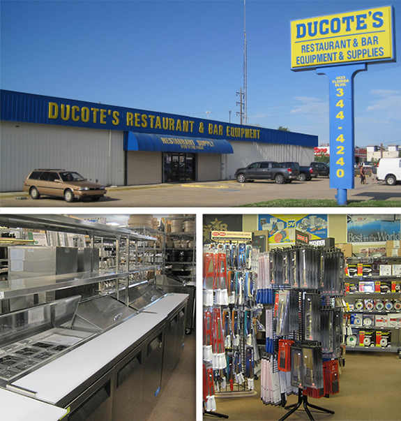 Ducote's Restaurant & Bar Equipment displaying their exterior,a showroom filled with prep tables and kitchen utensils